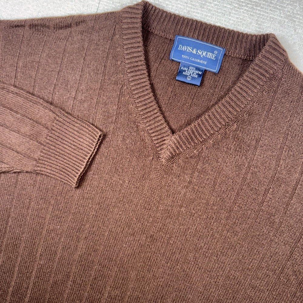 Davis & Squire Sweater Men Large Brown 100% Cashmere V-Neck Ribbed Knit Pullover